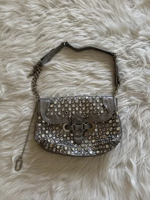 Bolsa dominó Sonia Rykiel de couro cravejada cinza prata - Imagem 1 de 4