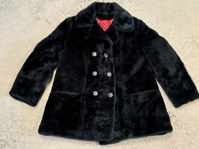 Abrigo de piel sintética de moda vintage Sears para mujer mediano azul marino botón años 70 mafia esposa glamour Foto 1 de 4