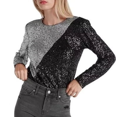 Body Express Plateado Negro Lentejuelas Acolchado Hombro 1 Pieza BRILLANTE Talla M Nuevo con Etiquetas Foto 1 de 4