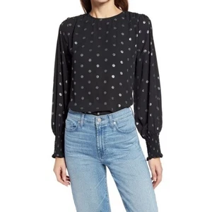Halogen Metallic Dot Popover Blouse in Black with Silver Dots XSmall MSRP $59 - Picture 1 of 4