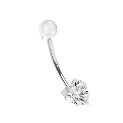 14k White Gold CZ Heart Barbell Button Navel Ring Body Jewelry 14 gauge - Image 1 of 4