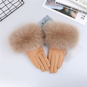 Women's Real Sheepskin Leather Gloves Fox Fur Cuffs Mittens Winter Warm Glove 