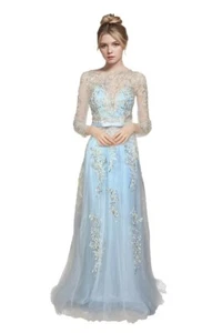 Formal Long Sleeves rhinestone beaded Embroidery Lace up Long Evening prom dress - Picture 1 of 8