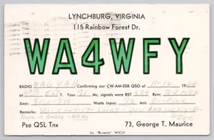 Amateur Ham Radio QSL QSO Card 1966 WA4WFY Lynchburg Virginia George T Maurice - Picture 1 of 3