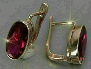4Ct Oval Cut Red Garnet Diamond Dangle Hoop Earrings 14K Yellow Gold Finish - Picture 1 of 4