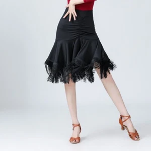 Women Tango Salsa Ballroom Latin Dance Skirt Tassel Ruffle Black Dancewear Party - Picture 1 of 6