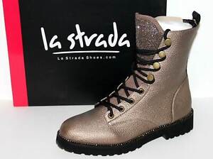 LA STRADA Metallic Schnürer Boots Biker Stiefelette Strass Bronze - Neu ! Gr. 39