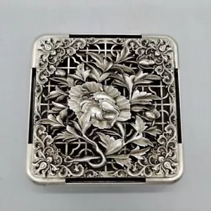 Rare art miao silver tibet silver copper handmade flower inkstone box pen wash - Picture 1 of 5