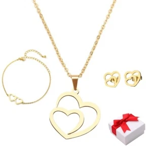 SET Doppel Herz Halskette Ohrstecker Edelstahl Silber Gelbgold Damen Geschenkbox - Picture 1 of 22
