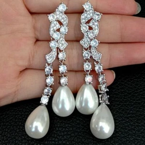 Teardrop White Sea Sell Pearl Cz pave White Gold Plated Stud Earrings - Picture 1 of 7