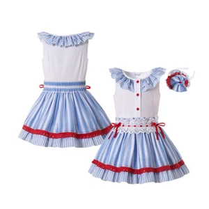 Girls Spanish Striped Outfits Ceremony Party Clothes White Shirt Blue Skirt Set - Picture 1 of 12