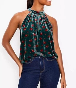Nuevo con etiquetas Top Halter Loft Fruncido Floral Terciopelo Sin Mangas Talla XL Verde Fluido - Imagen 1 de 7