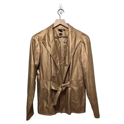 Jaqueta Sharon Young Vintage Dourada Couro Falso Crackled Casaco Macio com Cinto Tamanho 12 - Imagem 1 de 4