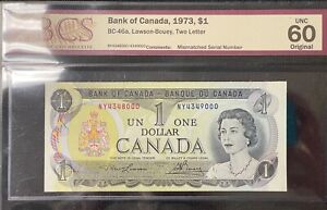 Lot of 2 x 1973 Bank of Canada $1 Mismatch Serial Numbers Errors