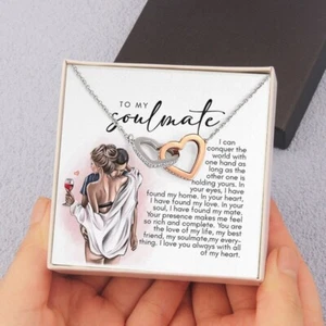 To My Soulmate / Double Heart Necklace with Message Card and Gift Box - Picture 1 of 12