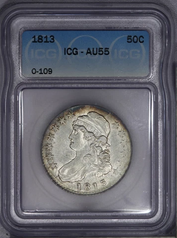 1813 Capped Bust Half Dollar 50c O-109 ICG AU55 - Beautiful color! Cover