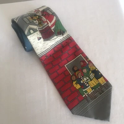 Christmas Tie 100% Silk Santa Chimney Carolers Novelty Blue Xmas Neck Tie - Image 1 of 4