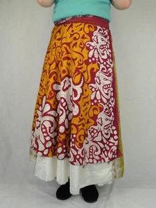 Ladies Indian Recycled Sari Wrap Around Reversable 2 Layer Skirt Full Length - Picture 1 of 3