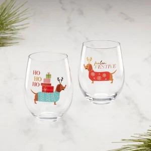 HOLIDAY Festive Dachshund Dog Stemless Wine Glasses, Set Of 2 NEW IN BOX - Picture 1 of 4