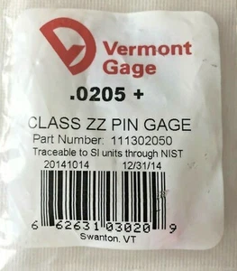 Medidor de pasador Vermont .0205 clase Plus ZZ - Imagen 1 de 2