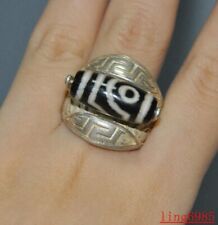 China Tibetan silver Inlay Agate dzi Exorcism Jewelry ring Adjustable size