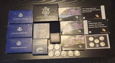 HUGE US SILVER PROOF COIN LOT DOLLARS QUARTERS COMMEMORATIVES HALVES AND MORE - Image 1 of 4