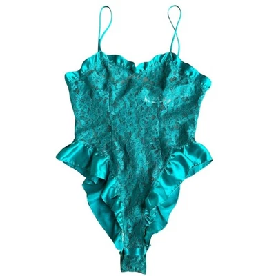 Vintage Victoria’s Secret lace sheer see through bodysuit romper emerald green S - Image 1 of 4