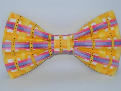 Sunshine Plaid Bow tie, Yellow Weave & Purple Bars, Summer Fun, Pre-tied Bow tie - Image 1 of 4
