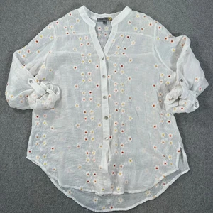 Figueroa & Flower Bluse weiß bestickt Blumen Button Down Damen XL transparent - Bild 1 von 9