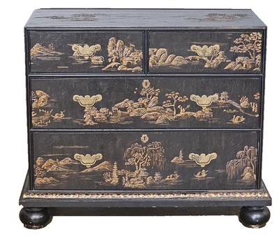 Baker Chinoiserie Black Lacquered Chest of Drawers w Hand Painted Gilt Designs - Image 1 of 4