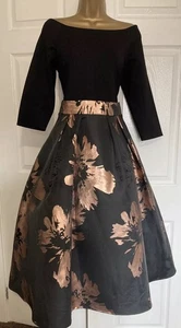 Coast BlackGold Floral Fit Flare Jacquard Pockets Midi Occasion Dress Size 14 - Picture 1 of 9