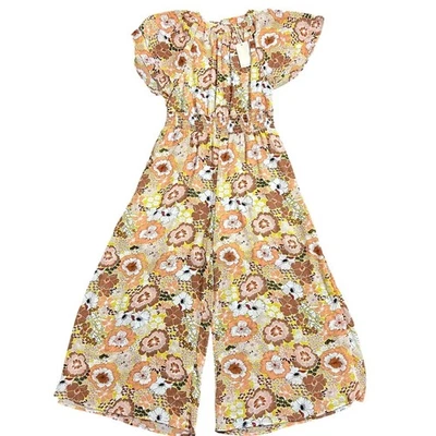 MelloDay Jumpsuit w Pockets XS Yellow Brown Cropped Wide Leg Floral Boho Cottage - Image 1 of 4