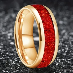 8MM Dome Polish Red Opal Stone Inlay Tungsten Carbide Ring Band Comfort fit - Picture 1 of 9