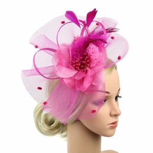 Women Fascinator Feather Headwear Tea Party Wedding Hat Mesh Flower Hair Clip - Foto 1 di 24