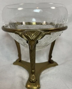 Vtg Ornate Brass Stand Pedestal Rams Head Crackle Glass Bowl Vase - Picture 1 of 12