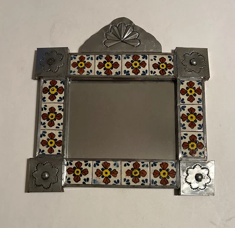 vintage Mexican punched tin frame mirror with inlay Talavera tile Cover