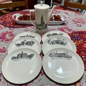 LOT 8 PCS Collectible VILLEROY & BOCH BELGIAN SCENES DESSERT PLATES & COFFEE POT - Picture 1 of 8