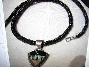 Lab Created Onyx Beaded Necklace-Onyx, Turquoise & Jasper Inlaid Pendant - Picture 1 of 4
