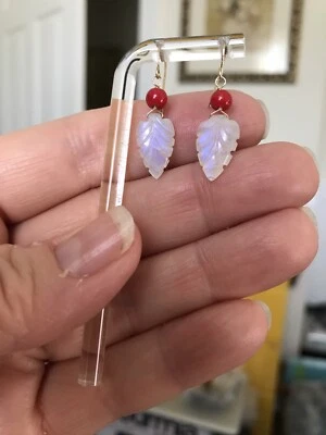 14K Gold Moonstone Dangle Earrings Leaf Feather Handmade Natural Briolette - Image 1 of 4