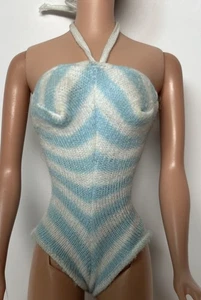 Vintage 1960s Barbie Doll Clone Blue & White Zebra Stripe Swimsuit - Picture 1 of 2