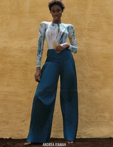 Pantalone Andrea Iyamah blu verde raso plissettato linea nuovo con etichetta taglia S - Foto 1 di 6