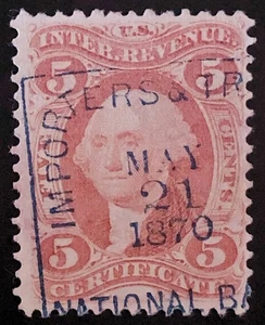 1862 US Revenue R24c Red 5c Certificate Tax Stamp Importers Bank Cancel Used - Picture 1 of 3