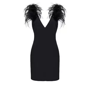 PINKO Abito Donna Pica Con Piume Tessuto Crepe Tecnico Stretch Z99 Colore Nero - Picture 1 of 4
