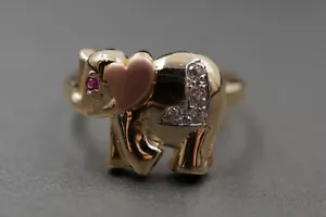 10K Solid Yellow Gold Multi Tone Cute Elephant Red Eyes CZ Band Ring. Size 6.5 - Picture 1 of 7