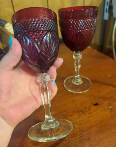 2 Antique Ruby Blood Red Wine Goblets Glasses Cristal D'Arques Durand Crystal 8' - Picture 1 of 2