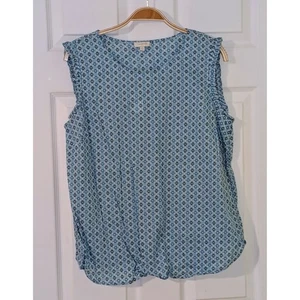 Talbots Womens Sleeveless Blouse Blue Floral Ruffle Trim Top Medium NWT - Picture 1 of 8