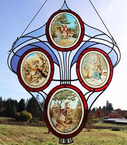 38" Tall Large Antique French Art Nouveau Stained/Leaded Glass Panel 4 Seasons - Picture 1 of 22