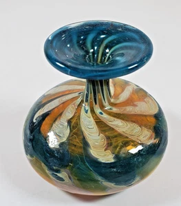 VTG Art Glass Miniature Bud Vase Amber & Teal Signed J Probstein 3"H x 2.5W - Picture 1 of 8