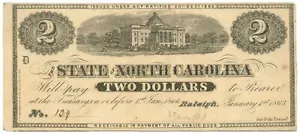 1863 Bundesstaat North Carolina, Raleigh, NC $ 2 veraltete Note CR131 Nr. 129 (62861) - Bild 1 von 2