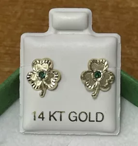 Flower Leaf Clover Emerald Stud Earrings 14K Solid Gold With Safety Backing - Picture 1 of 3